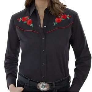 COPY - Women’s western rodeo cowgirl button down black top embroidered with red…